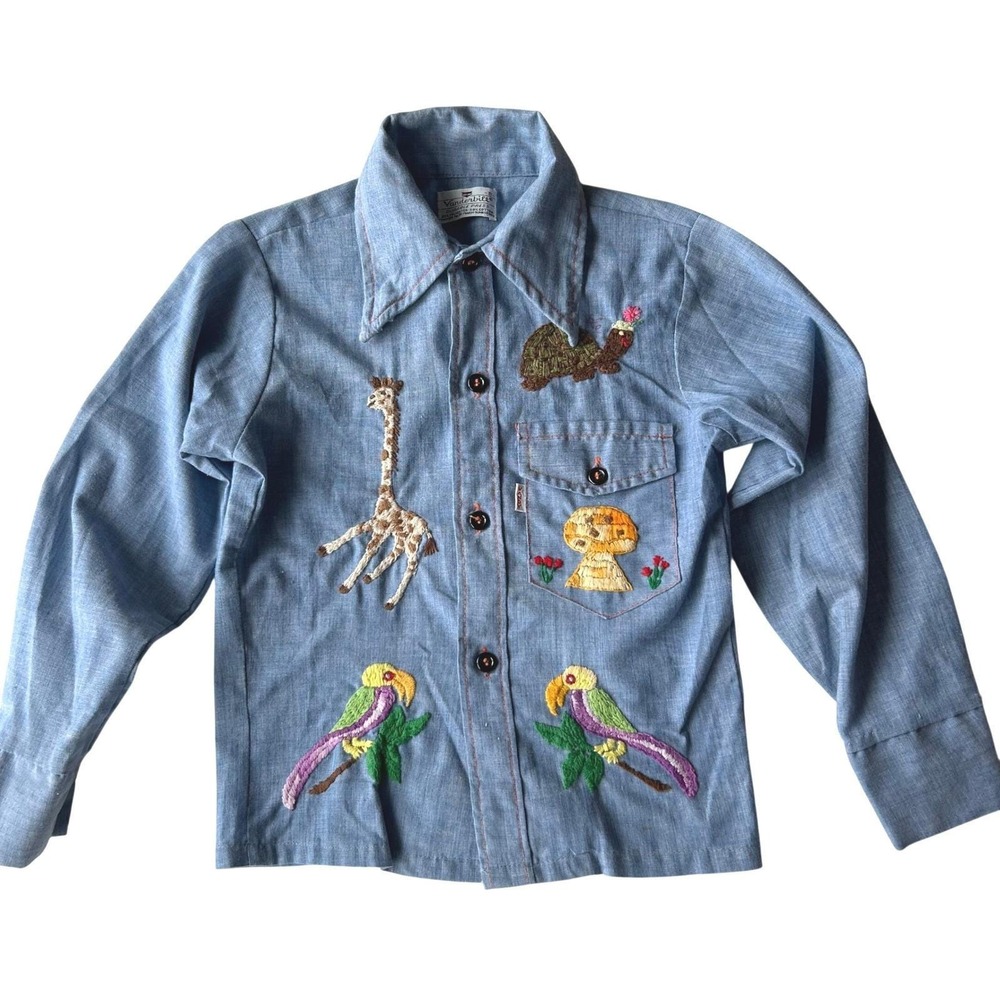 Kids Vintage 70s Button Up Shirt Blue‎ Embroidered Animals Novelty Vanderbilt 8